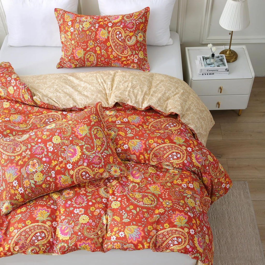 ABREEZE Paisley Bedding Sets 3Pcs Brushed Cotton Duvet Cover Set King Size Rustic Damask Red Floral Comforter Cover with Zipper Closure Boho Bedding Collections