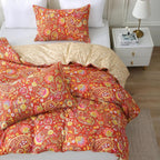 ABREEZE Paisley Bedding Sets 3Pcs Brushed Cotton Duvet Cover Set King Size Rustic Damask Red Floral Comforter Cover with Zipper Closure Boho Bedding Collections
