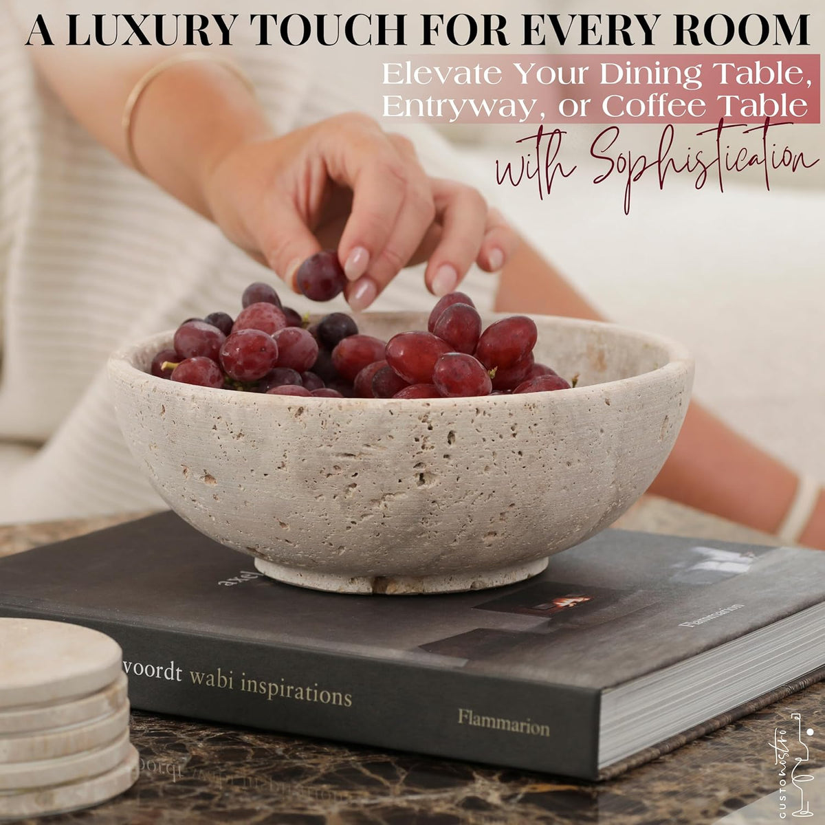 Gusto Nostro 8" Decorative Travertine Bowl for Coffee Table - Elegant Centerpiece, Aesthetic Fruit Bowl for Kitchen Counter - Heavy Stone Entryway Catch all, Jewelry, Potpourri - Travertine Decor