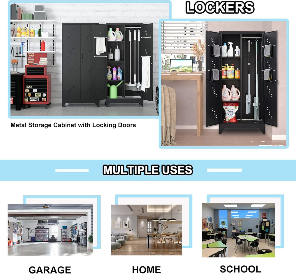 71" Broom Closet Cabinet with Hanging Rod, Tall Black Metal Storage Cabinet for Bathroom, Utility Room, and Garage