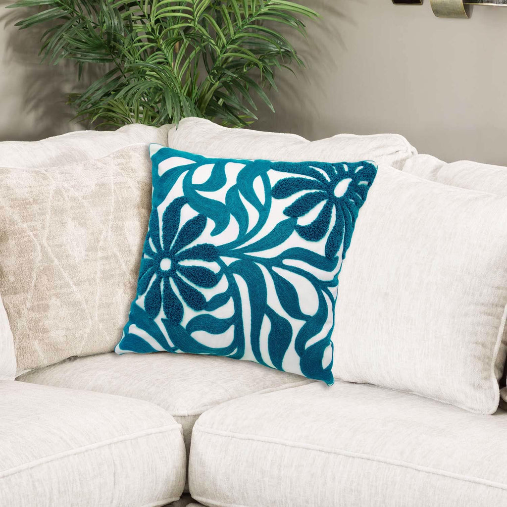 Alysheer Farmhouse Floral Leaves Embroidered Decorative Throw Pillow Cover 18x18 inches, Boho Tufted Flowers Embroidery Pattern Chic Cotton Cushion Case for Couch Bed Sofa Living Room(Teal Blue)