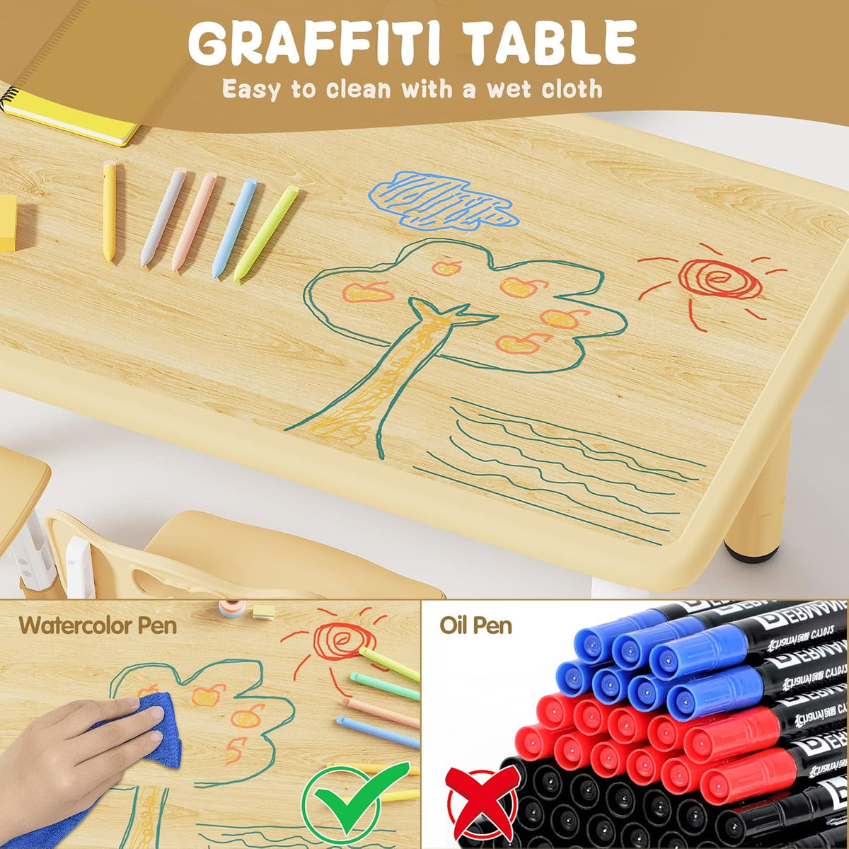 Brelley Kids Table and 6 Chairs Set, Height Adjustable Toddler Desk and Chair Set, Graffiti Desktop, Classroom/Daycare/Home, Children Multi-Activity Table for Ages 2-8