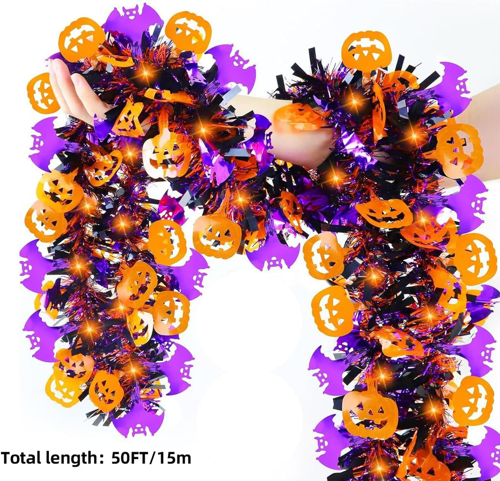 50 Ft Halloween Tinsel Garlands,Funny Pumpkin Purple Bats Shiny Metallic Twist Foil Tinsel Garland Hanging Holiday Decorations for Home Indoor Outdoor Festivities Party Decor