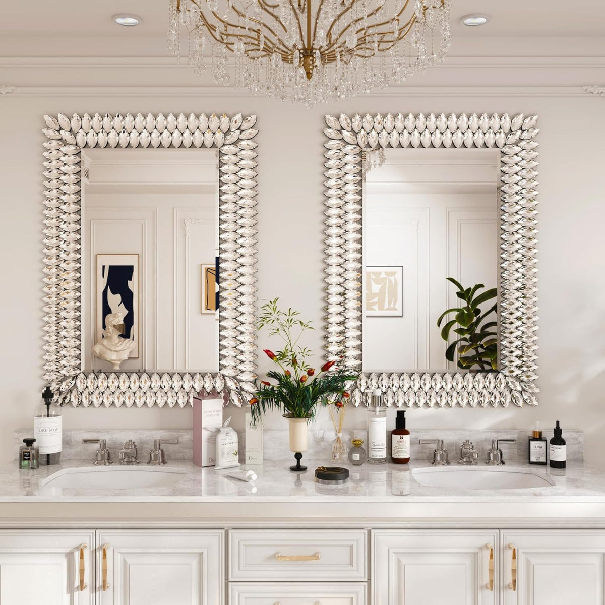 Kelly Miller Jeweled Luxury Bathroom Mirror for Wall, 24"x36" Rectangle Wall Mirror Decorative Mirror Vanity Mirror with Diamonds for Master Bath Half Bath Living Room Bedroom Fireplace Mantle Hallway