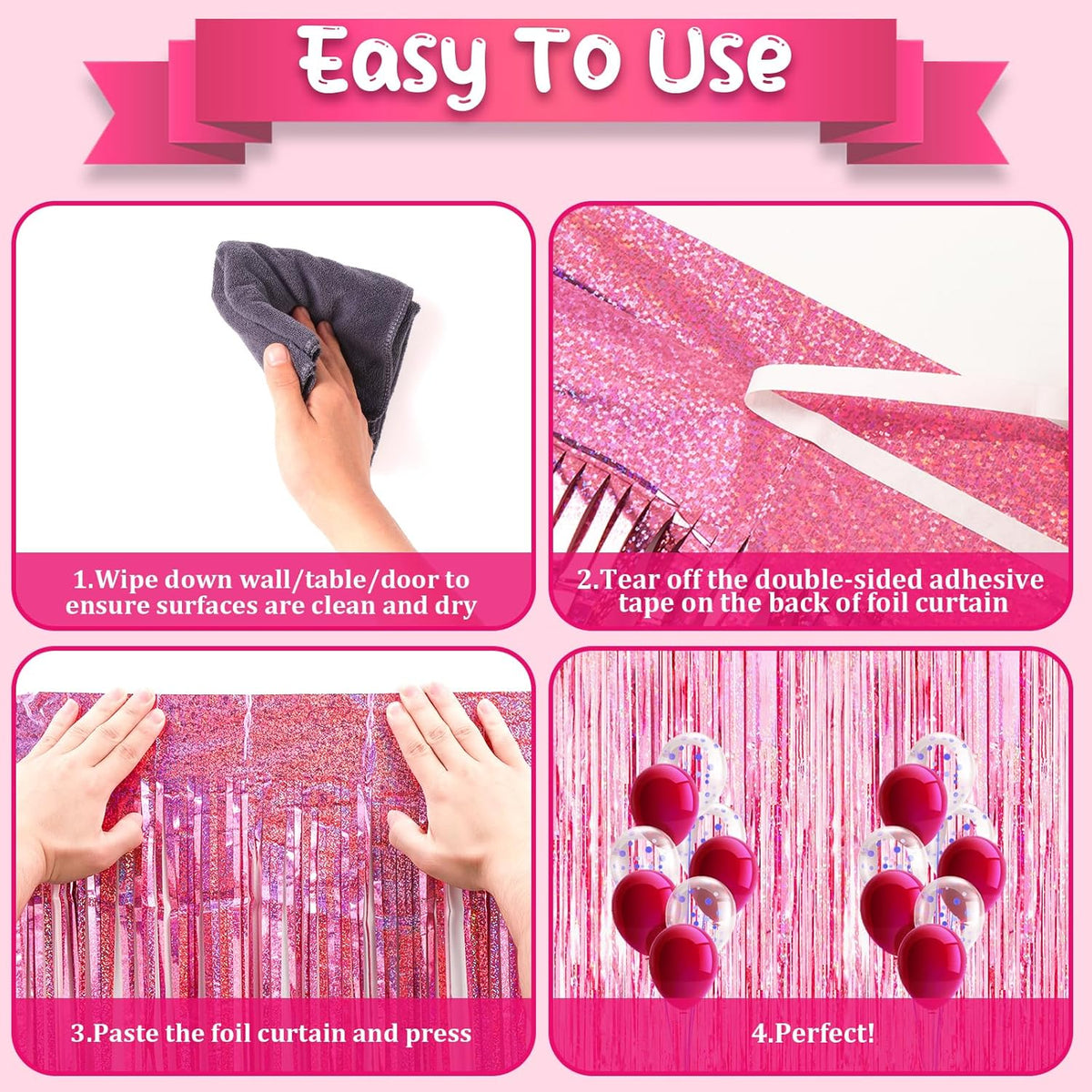 3 Pack 3.3x8.2 Feet Laser Pink Foil Fringe Backdrop Curtains, Tinsel Streamers Birthday Party Decorations, Fringe Backdrop for Graduation, Baby Shower, Gender Reveal, Disco Party