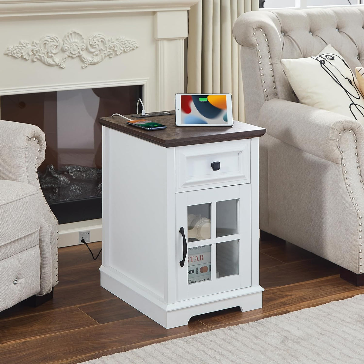 Farmhouse XXL End Table with Charging Station, Side Table with USB Ports and Outlets, Nightstand with Drawer and Glass Door Storage, White Bedside Tables for Living Room, Bedroom, Office