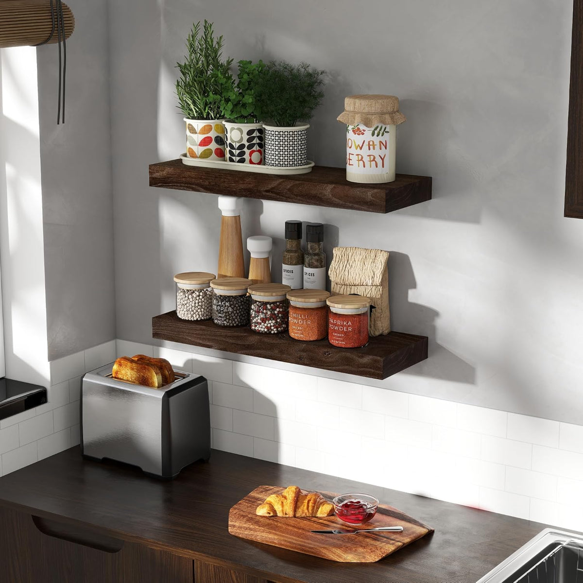 Wood Floating Shelves for Wall, 24" Floating Shelves Wall Mounted, Rustic Old Elm Wood Shelves for Home Decor, Heavy-Duty Storage Shelves for Books, Bathroom, Kitchen, Walnut Color, Set of 2