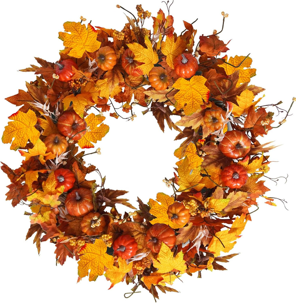 Uieke 28 Inch Fall Wreath for Front Door Outside Large Artificial Autumn Wreath with Orange Red Pumpkins Maple Leaves Berries Fall Decoration for Home Farmhouse Door Wreath for Harvest Thanksgiving