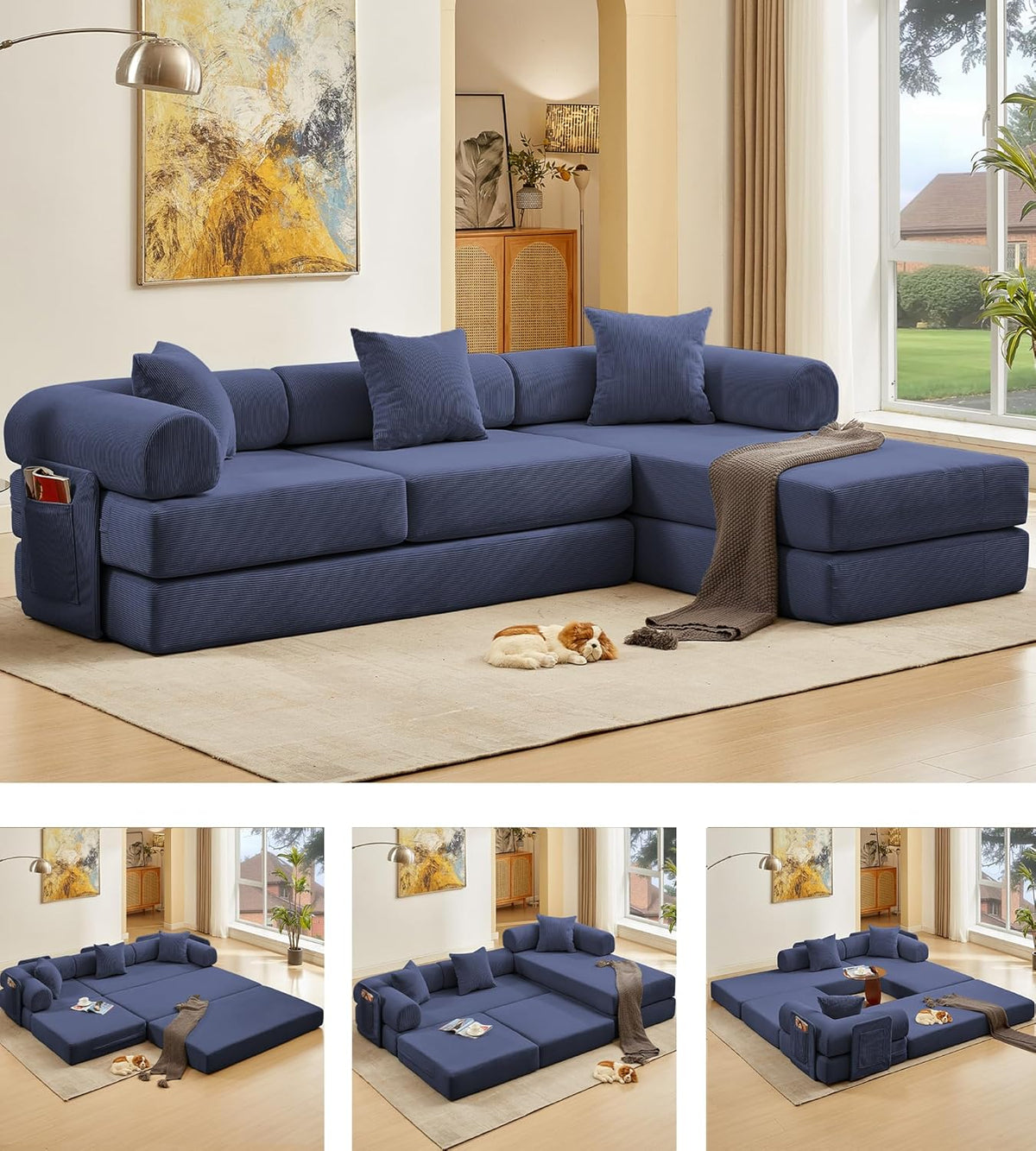 107" Oversized Convertible Sleeper Sofa Bed, Corduroy L Shape Sectional Couch, Folding Sofa Bed with Side Pocket, Modern Cloud Floor Mattress Couch,Modular Sofa for Living Room,Dark Blue