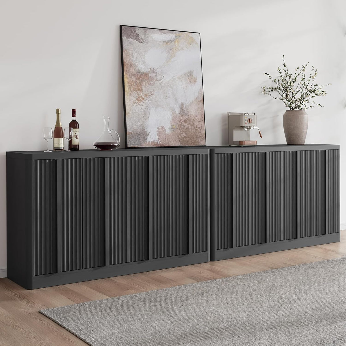 Fluted Buffet Cabinet with Storage, 120" Sideboard Buffet Storage Cabinet with 8 Doors & Adjustable Shelves, Coffee Bar Wood Credenza Cabinet for Kitchen, Dining Room, Living Room, Black(2PCS)