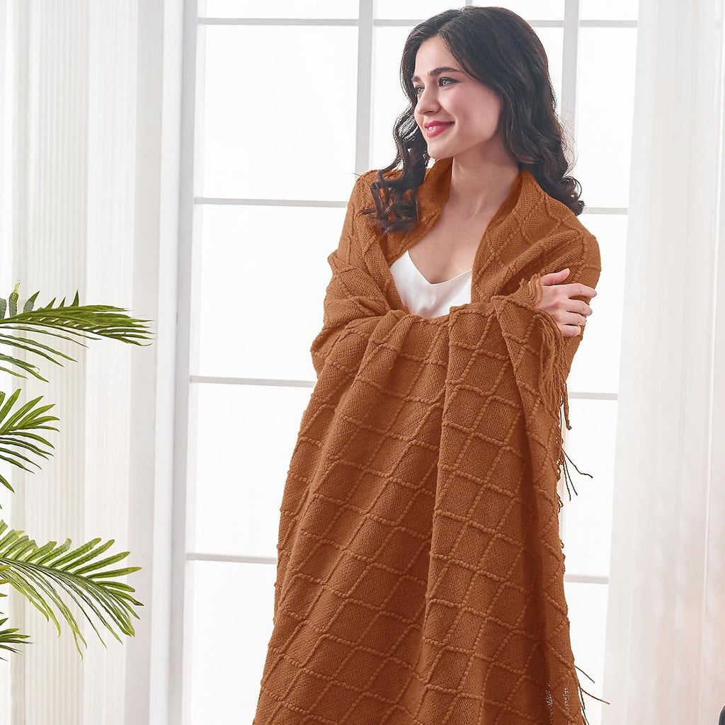 inhand Knitted Throw Blanket for Couch and Bed, Soft Living Room Home Decor Knitted Blanket with Tassel, Outdoor Lightweight Breathable Summer Blanket, Farmhouse Warm Woven Decorative, 50"x60"