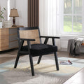 Accent Rattan Chair, Faux Fur Upholstered Living Room Chairs with Cane Back, Retro Mid Century Modern Cane Chair Armchair for Reception Reading Indoor Outdoor, Black