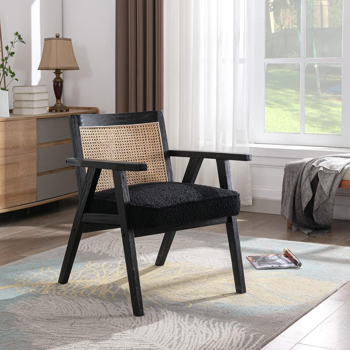 Accent Rattan Chair, Faux Fur Upholstered Living Room Chairs with Cane Back, Retro Mid Century Modern Cane Chair Armchair for Reception Reading Indoor Outdoor, Black
