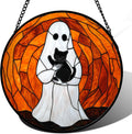 Stained Glass Window Hanging - Halloween Cute White Ghost Black Cat Suncatcher for Doors Garden Home Spooky Orange Sun Catchers Gothic Decor Horror Gift for Women Men Friend Boy Girl 15 in
