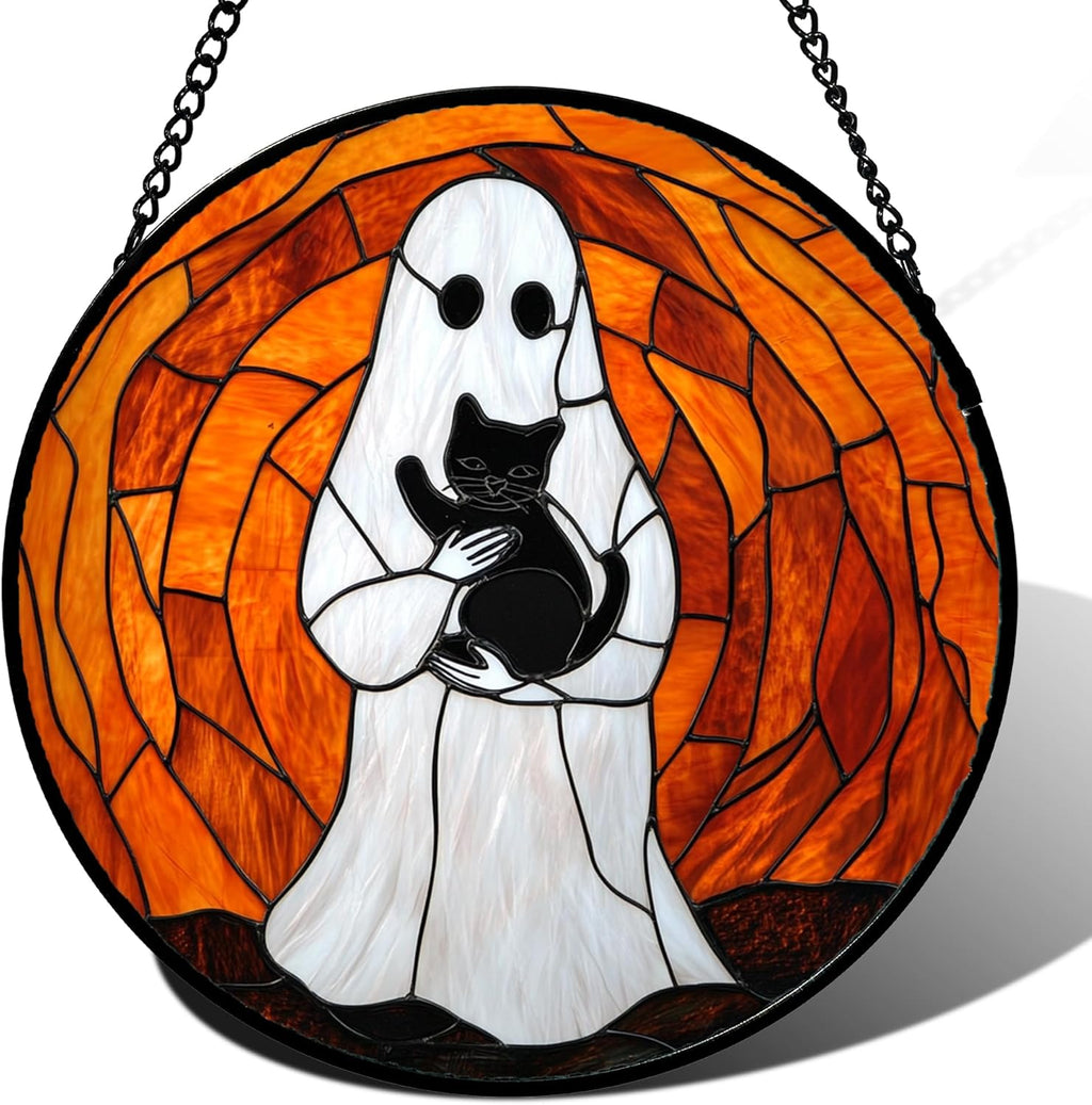 Stained Glass Window Hanging - Halloween Cute White Ghost Black Cat Suncatcher for Doors Garden Home Spooky Orange Sun Catchers Gothic Decor Horror Gift for Women Men Friend Boy Girl 11.8 in