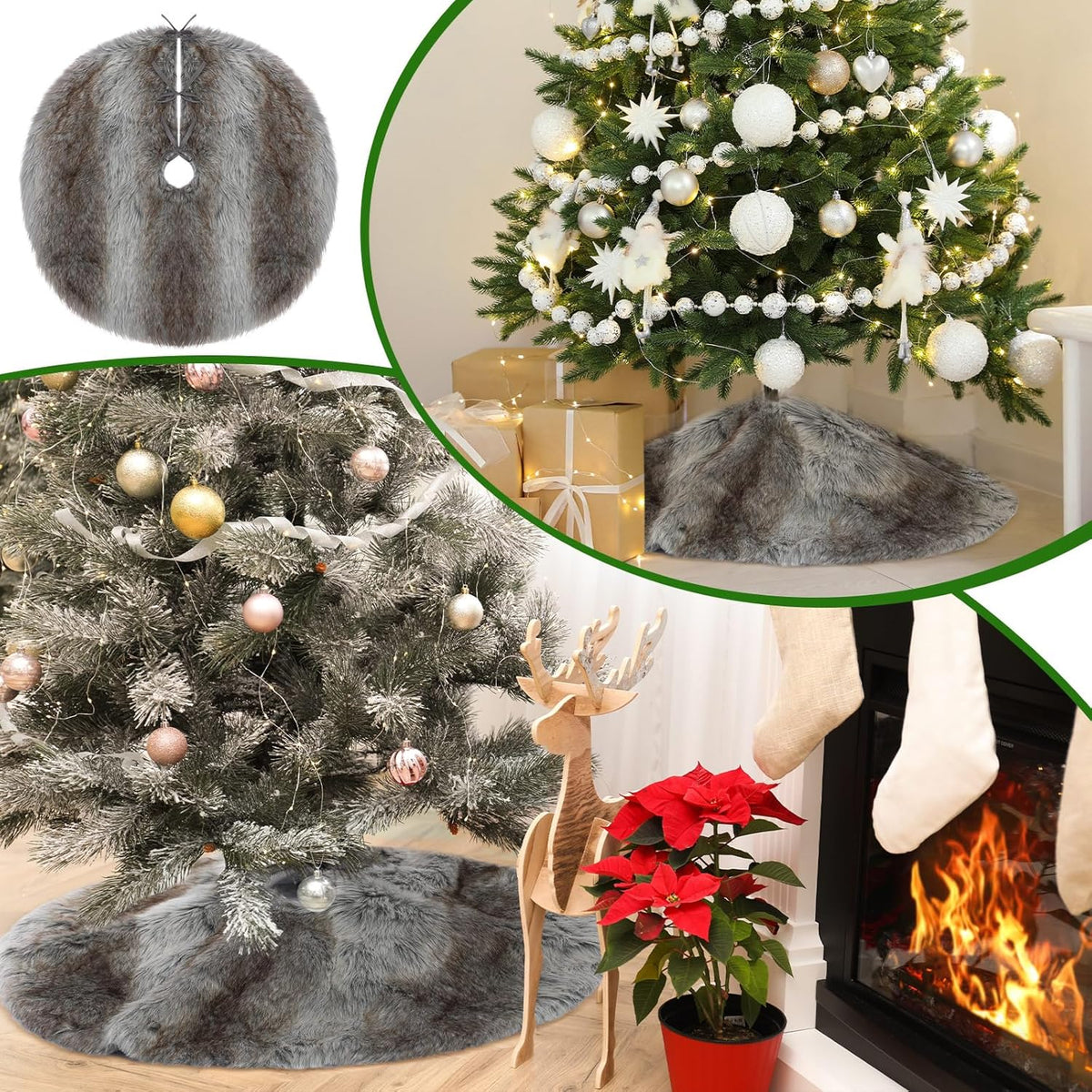 Sumind 30 Inch Christmas Tree Plush Skirt Grey White Stripe Faux Fur Christmas Tree Skirt Decoration for Xmas Party Mat Winter Holiday Home Decorations