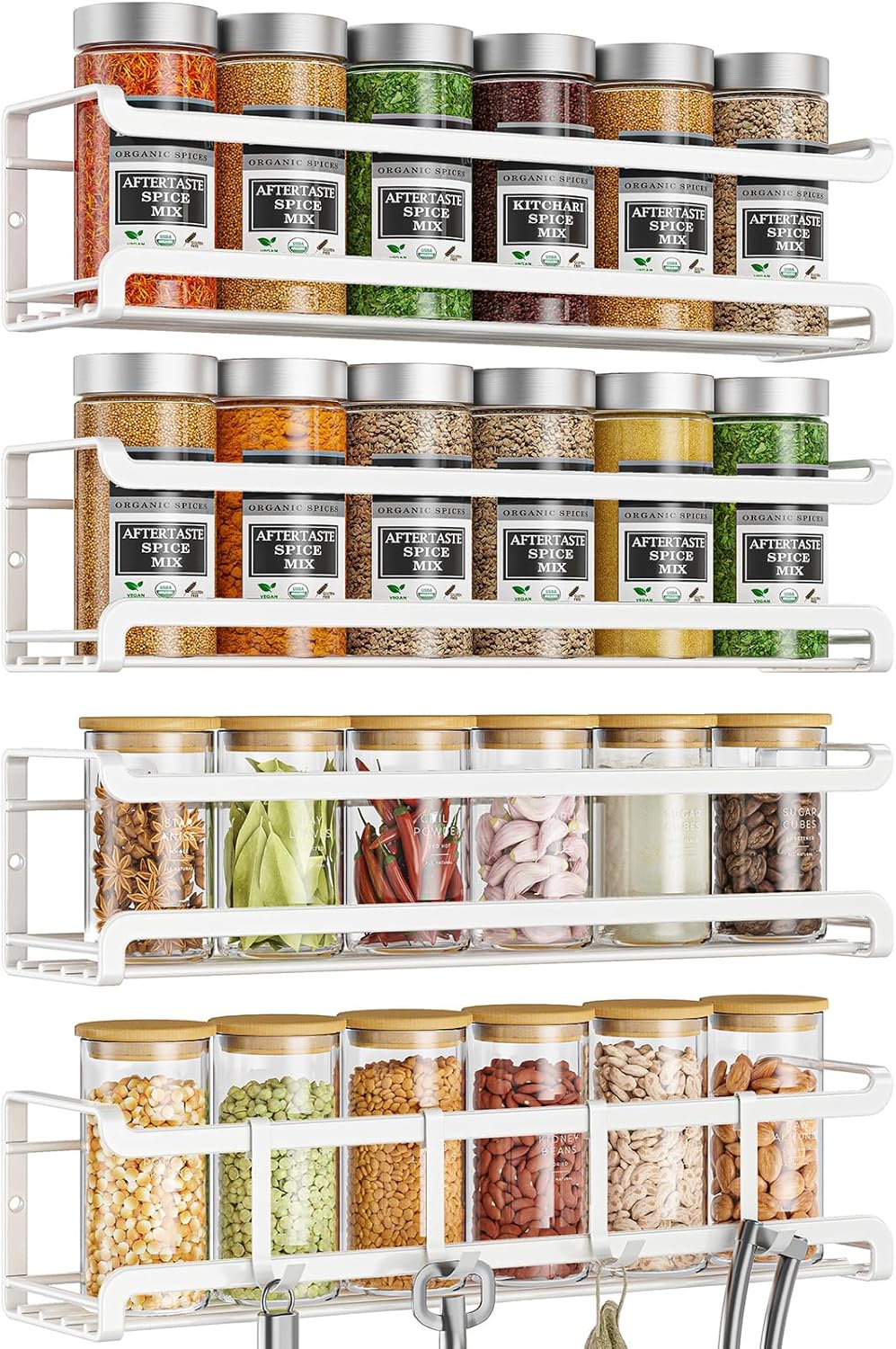 Spice Rack wall mounted 4 Pack, Space-Saving Spice Organizer for Spice Jars and Seasonings,Screw or Adhesive Hanging Spice Rack Organizer for Your Kitchen Cabinet,or Pantry Door,White