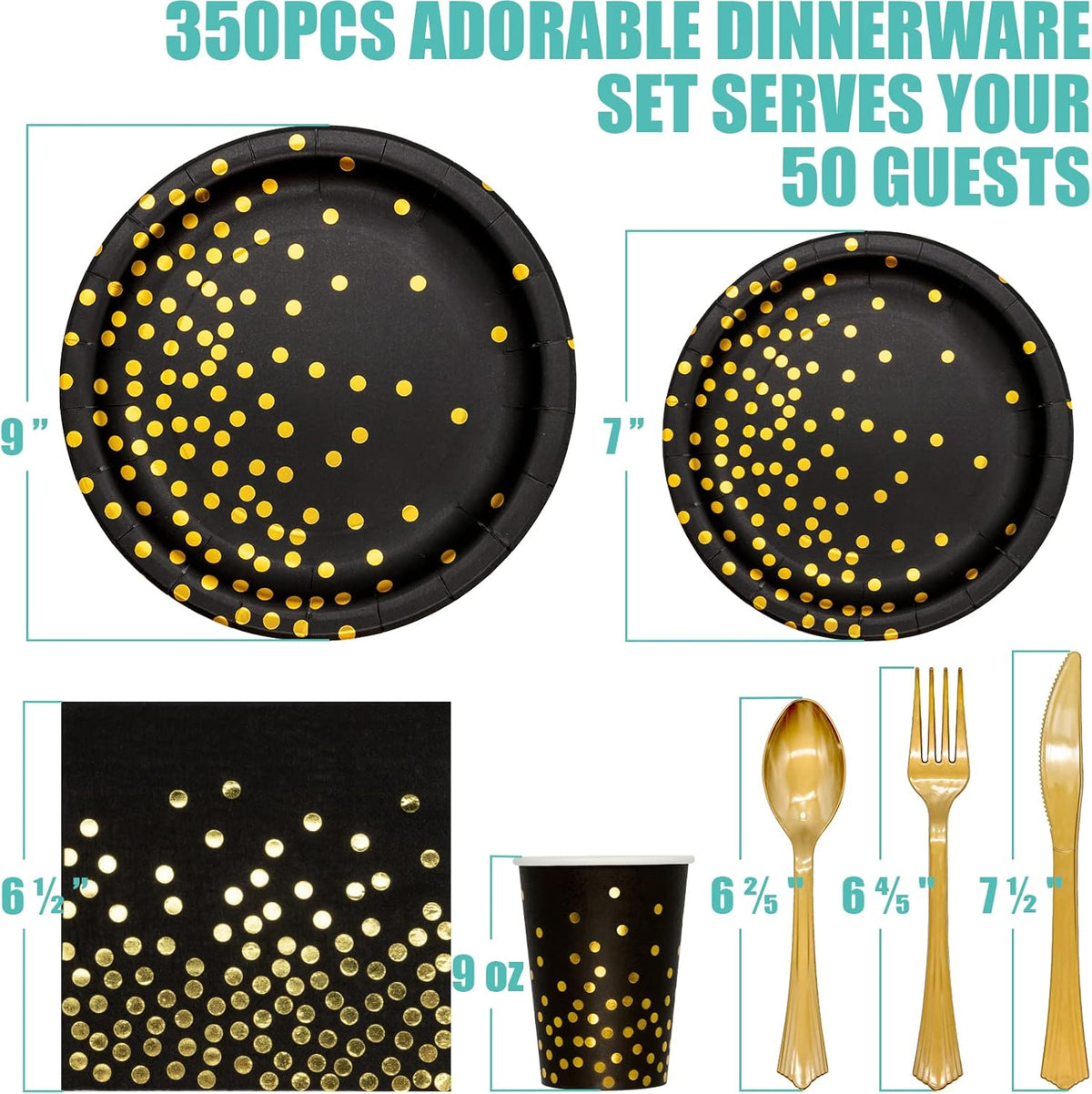 Black and Gold Party Supplies, 350PCS Disposable Dinnerware Set Inclueds Black Gold Dot Paper Plates Napkins Cups Gold Plastic Fork Knives Spoon for Women Men Birthday Wedding Baby Shower Decorations