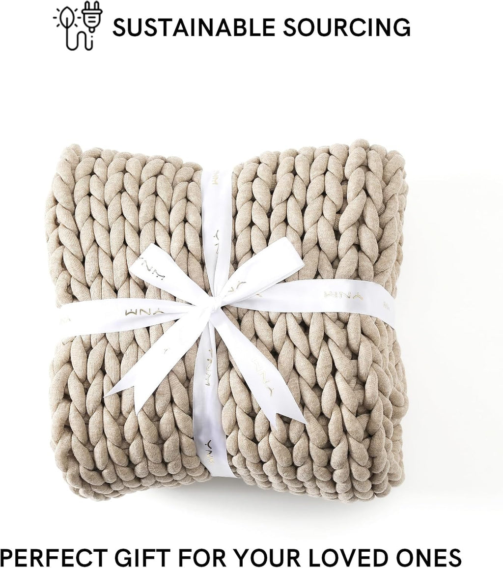 YnM Chunky Throw Blanket, Medium-Weight, Hand Knitted, Skin Friendly, Ventilated and Breathable, Machine Washable, Home Décor Piece for Couch, Sofa and Bed (Beige, 40x50 Inch)