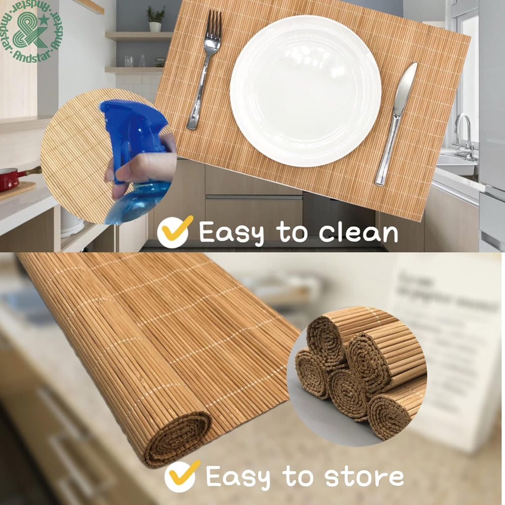 ANDSTAR Set of 4 Pcs Bamboo Placemats Sushi Rolling Mat Japanese Style Natural Anti-Slip Bamboo Placemats Washable Heat-Resistant Table Mats for Dining Room and Kitchen（Brown）