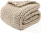YnM Chunky Throw Blanket, Medium-Weight, Hand Knitted, Skin Friendly, Ventilated and Breathable, Machine Washable, Home Décor Piece for Couch, Sofa and Bed (Beige, 40x50 Inch)