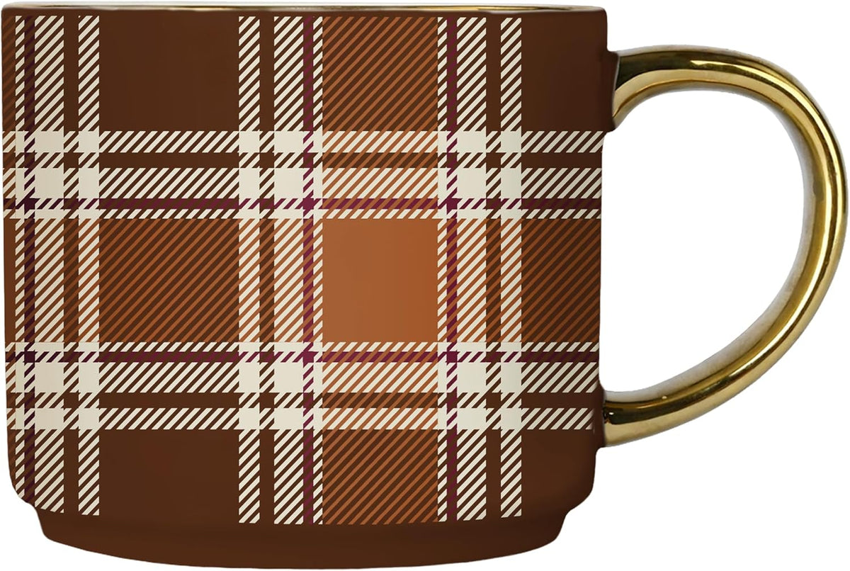 Sweet Water Decor Brown Plaid Mug with Gold Handle, 14oz Fine Bone China Coffee Cup for Tea, Latte, or Hot Cider, Cozy Fall Drinkware, Housewarming & Hostess Gift for Autumn and Thanksgiving