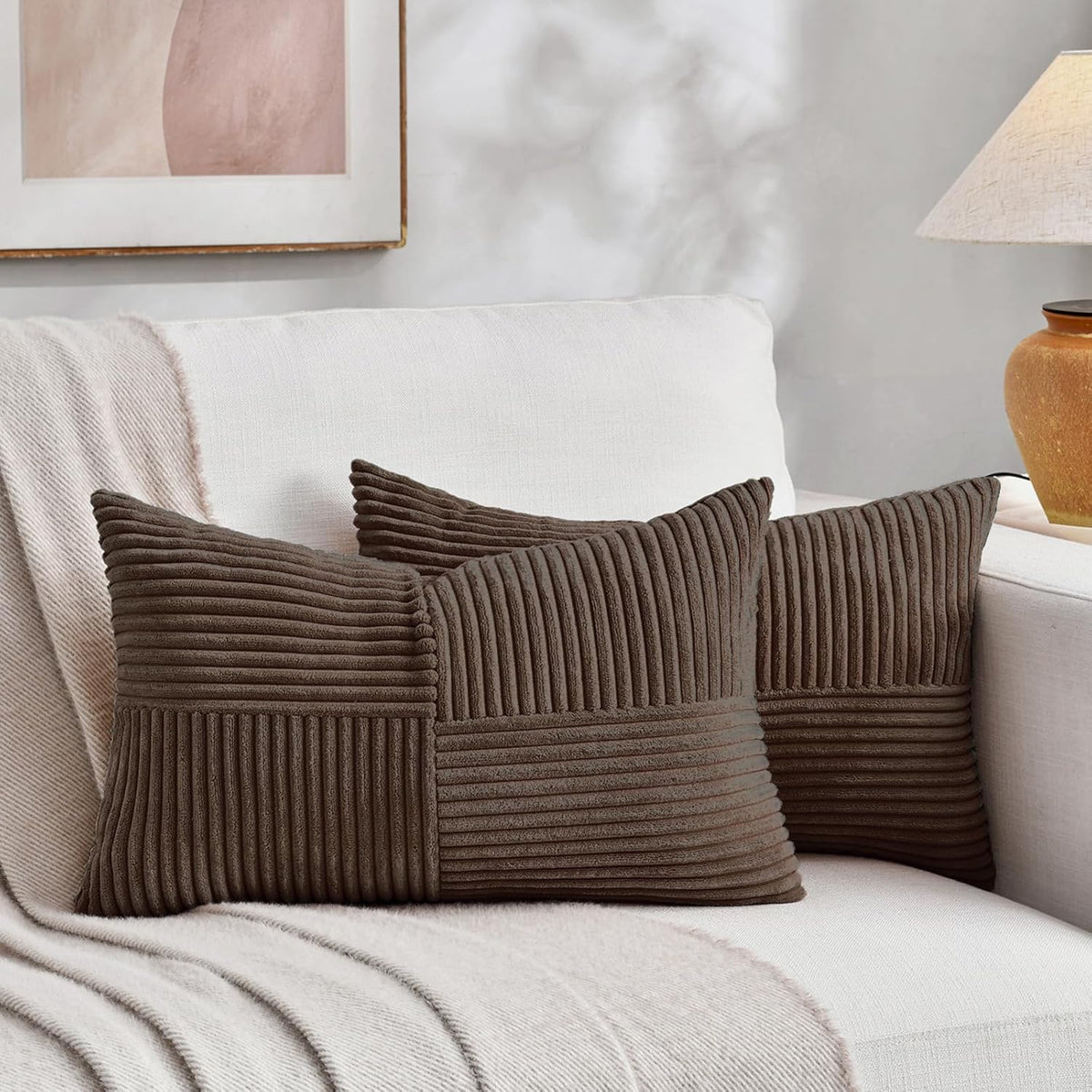 Fancy Homi 2 Packs Dark Brown Long Lumbar Decorative Throw Pillow Covers 12x24 Inch for Couch Bed Sofa, Rustic Farmhouse Boho Home Decor, Soft Striped Corduroy Rectangle Accent Cushion Case 30x60 cm