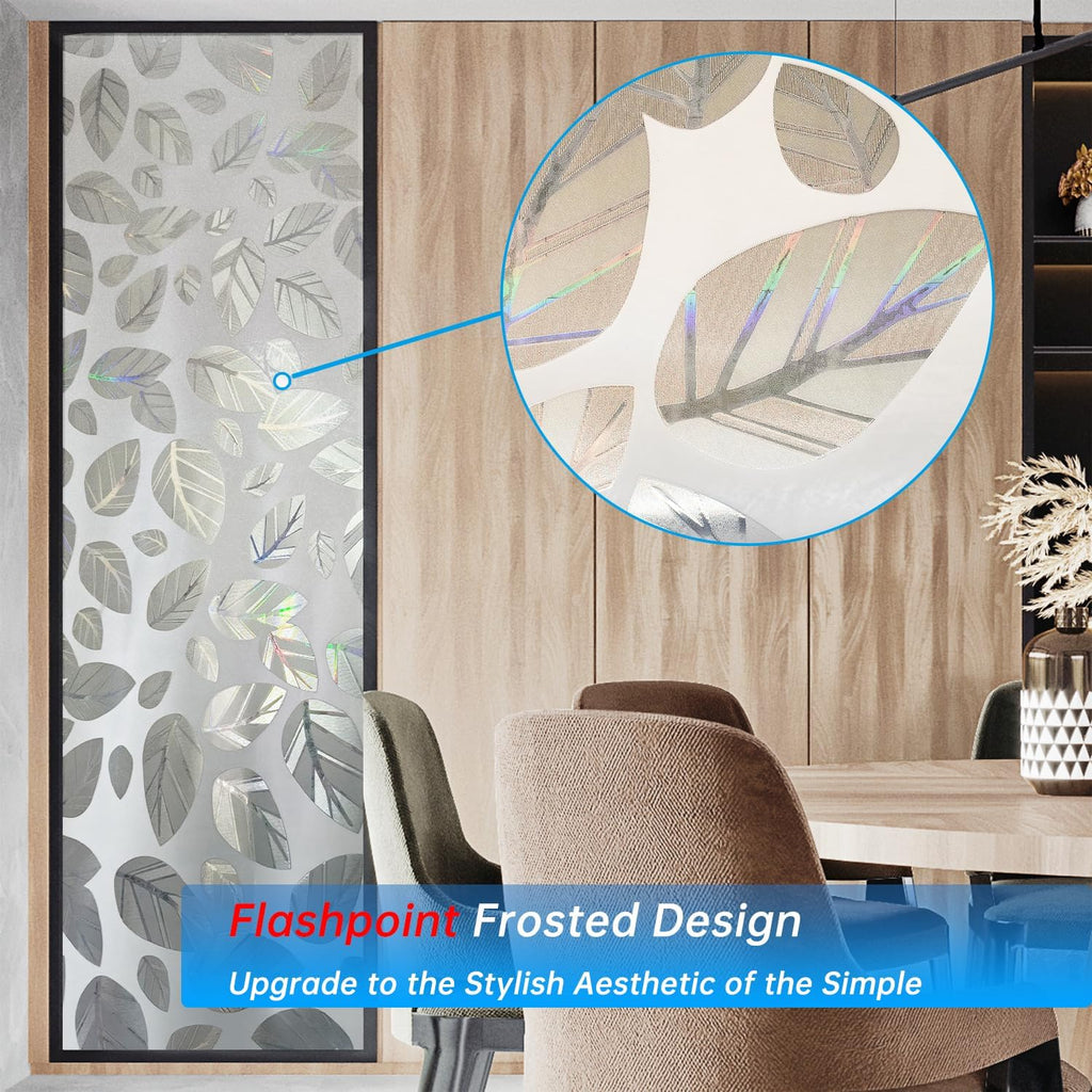 Frosted Glass Window Privacy Film Decorative, Bathroom Privacy Film for Glass Windows Cover, Static Cling, Removable, Reusable, Anti-UV, Anti-Glare, Heat Blocking,（Leaf White 17.5X78.7Inch）
