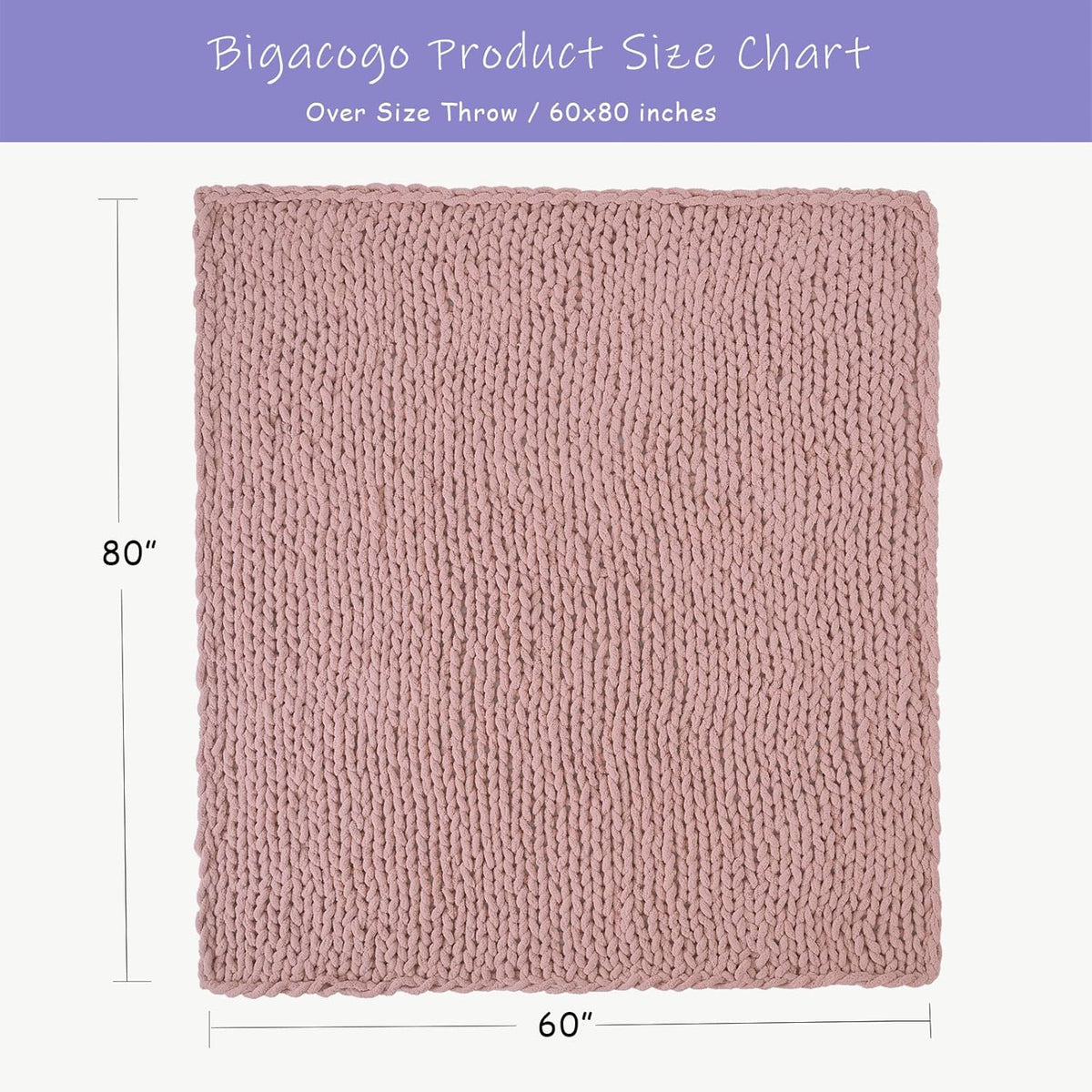 Bigacogo Chunky Knit Throw Blanket for Couch, 60x80 inches, 100% Hand Knitted with Thick Jumbo Chenille Yarn, Cozy Soft Large Rope Knot Cable Crochet Blankets for Sofa Bed Living Room, Dusty Pink