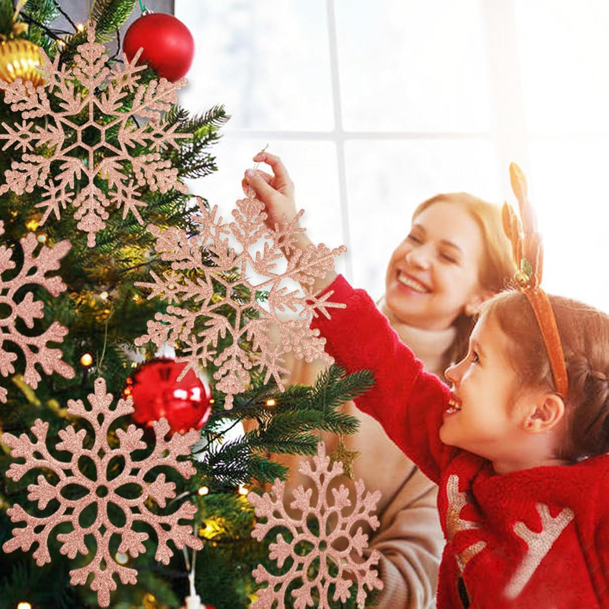 6pcs Large Snowflakes Ornaments Rose Gold 12” Big Plastic Glitter Snowflake for Winter Indoor Outdoor Christmas Tree Window Room Decorations Giant Craft Snowflakes