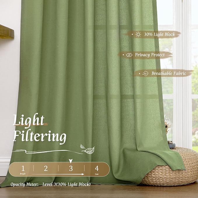54 Inch Semi Sheer Green Linen Curtains - Image 4