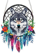 SENQAO Wolf Diamond Art Hanging Kit for Adult, Special Shaped Rhinestone, Double Sided DIY Acrylic Diamond Art Painting Window Pendants Home Garden Wall Hanging Kits Hanging Ornament (Dream Catcher)