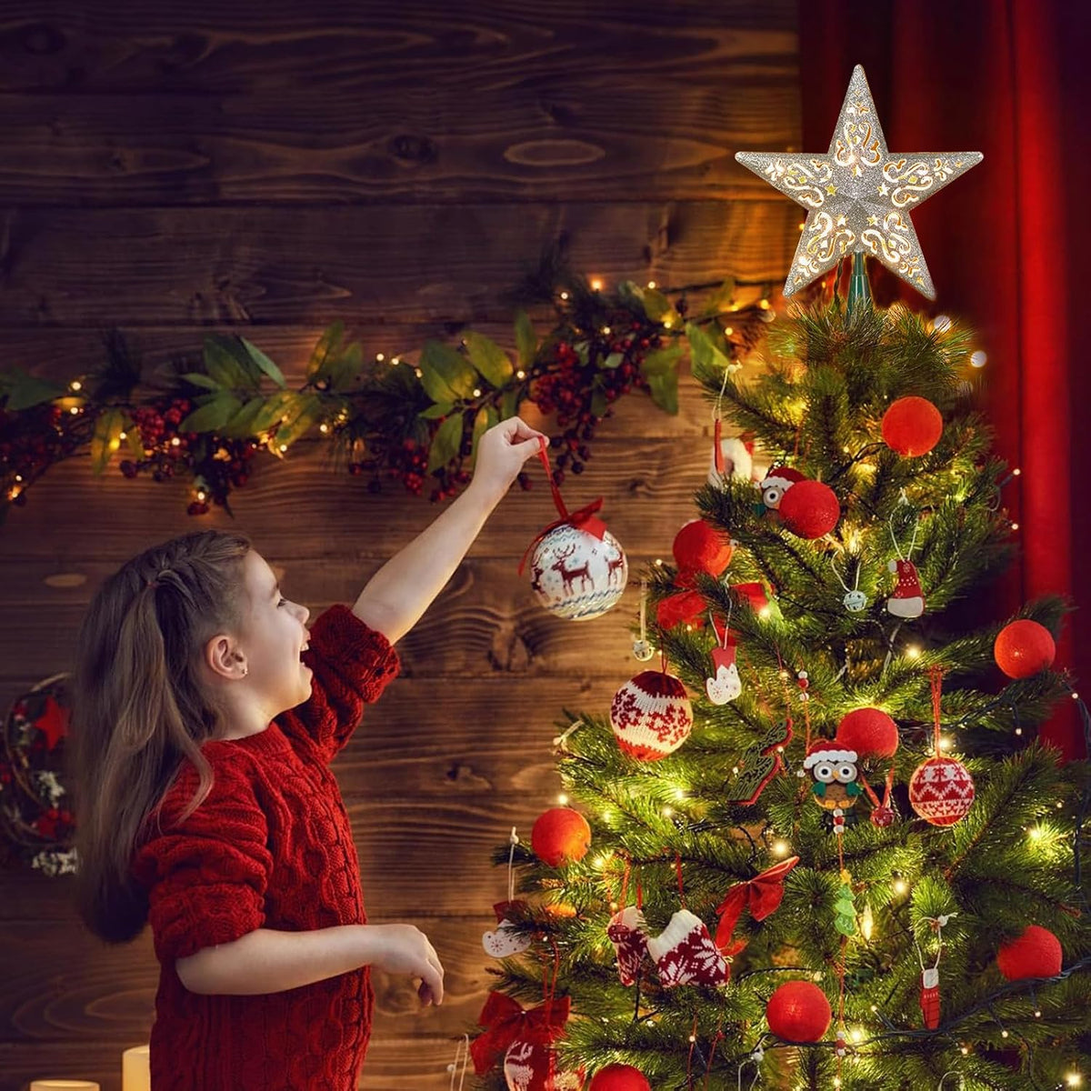 8" Silver Glittered Hollow Christmas Star Tree Topper with Built-in 10-Bulb String Lights and 2 Fuses for Holiday Decor, Green Base