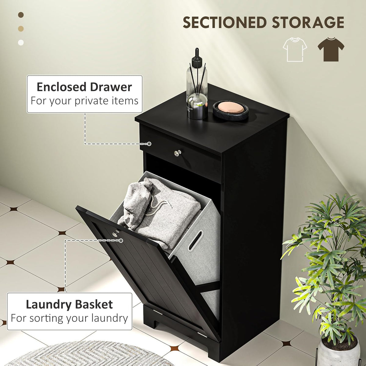 HOMCOM Laundry Hamper with Removable Basket, Tilt Out Hamper with Drawer and Beadboard Door, Bathroom Storage Cabinet, Black