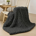 Bigacogo Chunky Knit Throw Blanket for Couch, 40x40 inches, 100% Hand Knitted with Thick Jumbo Chenille Yarn, Cozy Soft Large Rope Knot Cable Crochet Blankets for Sofa Bed Living Room, Dark Grey