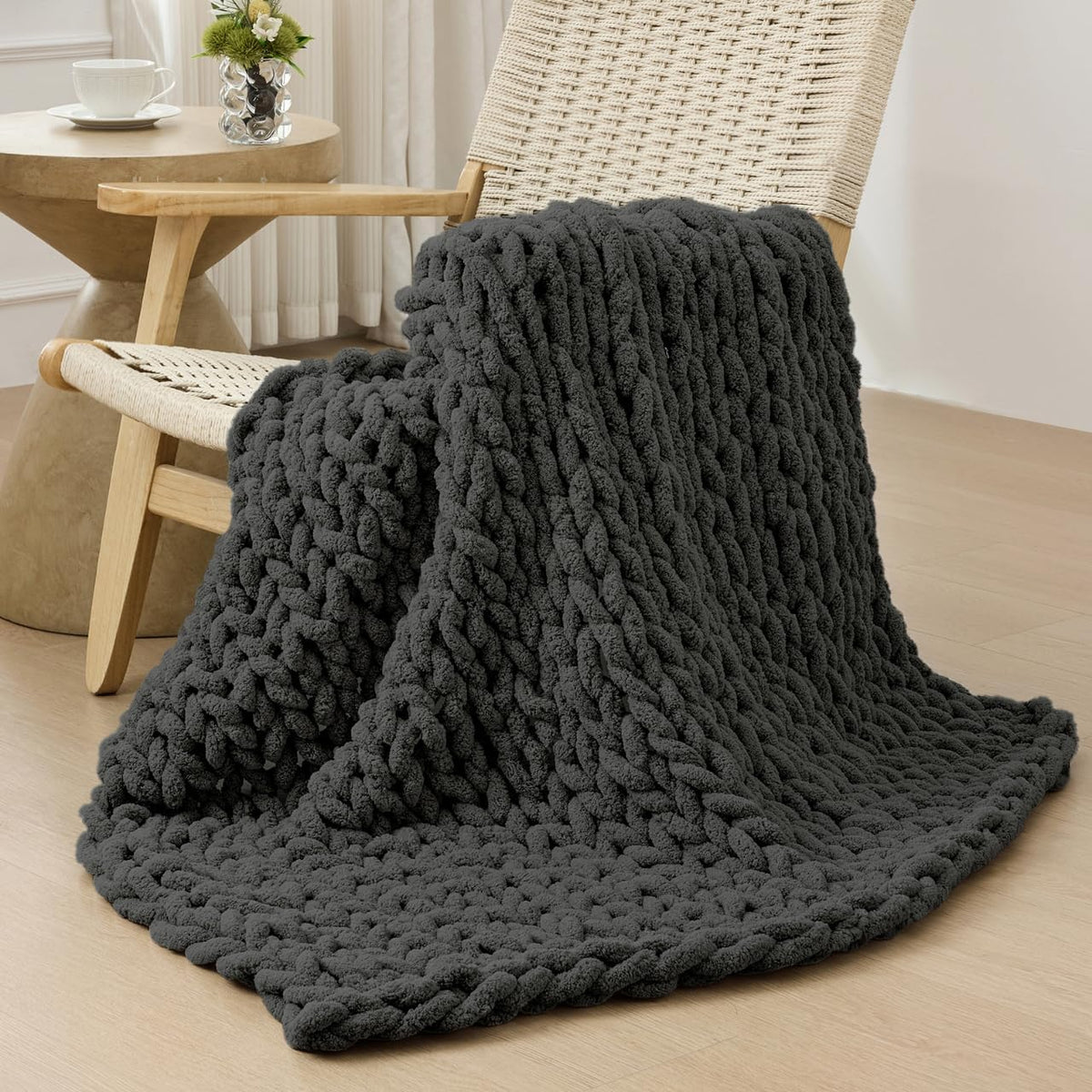 Bigacogo Chunky Knit Throw Blanket for Couch, 40x40 inches, 100% Hand Knitted with Thick Jumbo Chenille Yarn, Cozy Soft Large Rope Knot Cable Crochet Blankets for Sofa Bed Living Room, Dark Grey