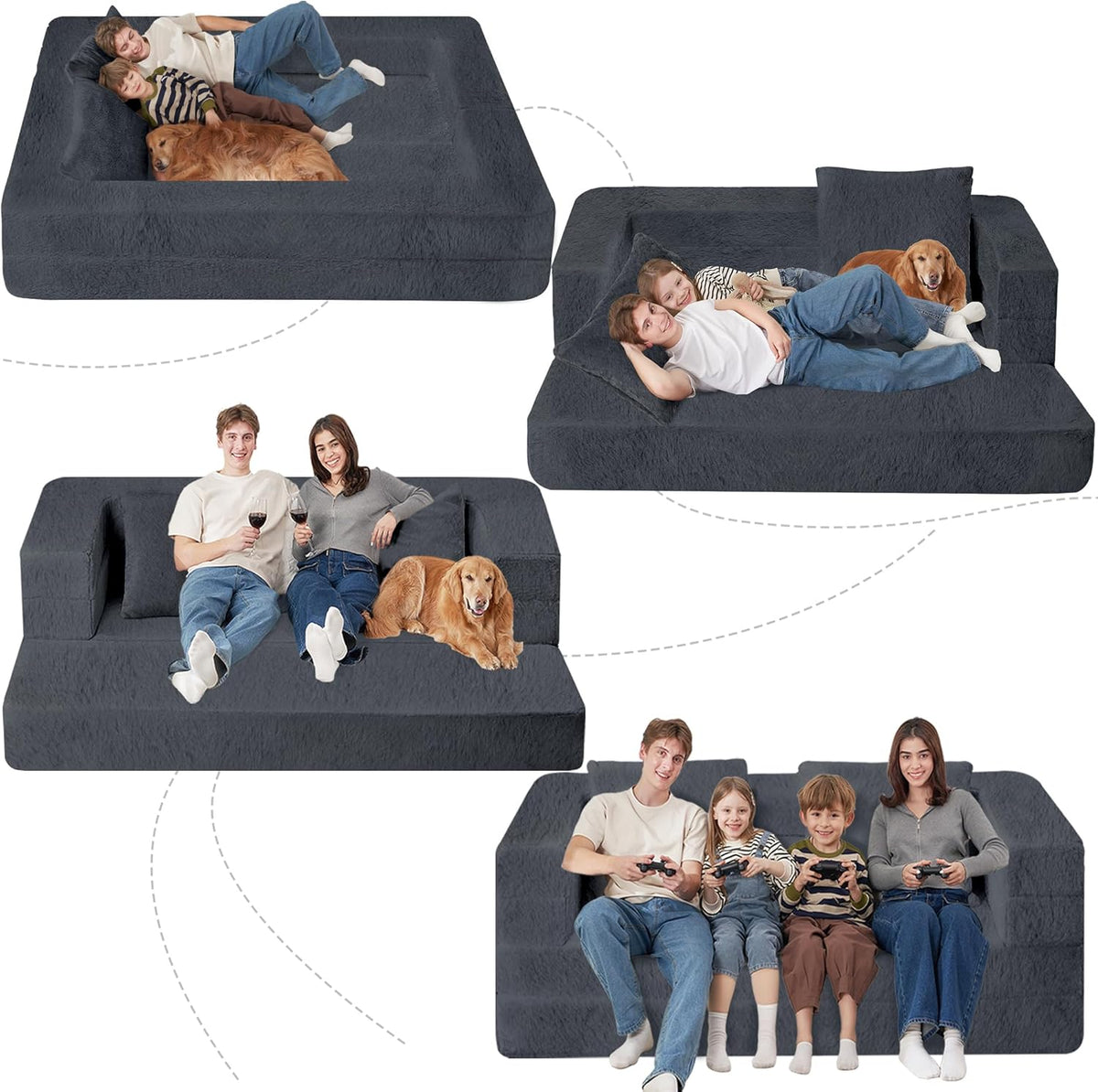 Folding Bean Bag Chair for Adults,3-in-1 Bean Bag Couch Faux Fur Floor Sofa Large Beanbag Convertible Bean Bag Sofa Bed with Pillow in Bedroom,Living Room,Apartment(Queen,Dark Grey)