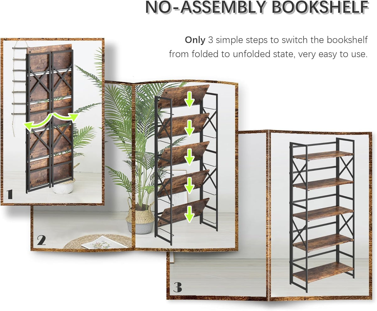 4NM 5 Tiers No Assembly Book Shelves, 51.2" H Folding Bookshelf Bookcase Open Industrial Foldable Shelves for Bedroom, Living Room, Home Office - Rustic Brown Black