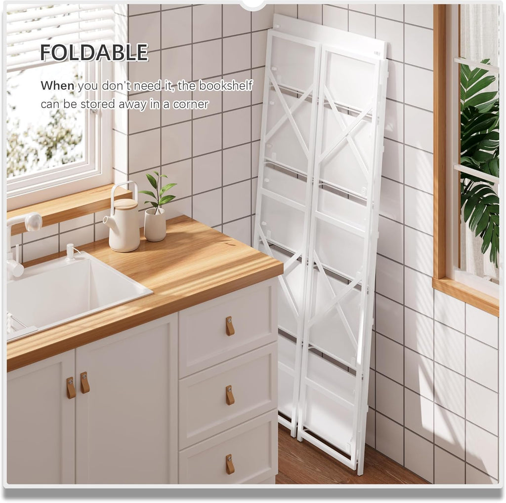 4NM 5 Tiers No Assembly Book Shelves, 51.2" H Folding Bookshelf Bookcase Open Industrial Foldable Shelves for Bedroom, Living Room, Home Office - All White
