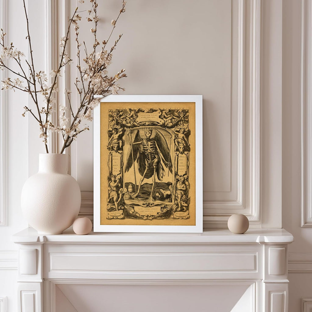 Poster Master Vintage Medieval Poster - Retro Gothic Print - Gift for Artist, Friend - Angel of Death, Memento Mori, Life, Skeleton, Dark - Wall Decor for Home, Living Room, 11x14 White Framed
