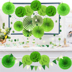 ZERODECO Party Decoration, 21 Pcs Green Hanging Paper Fans, Pom Poms Flowers, Garlands String Polka Dot and Triangle Bunting Flags for Golf Party Dinosaur Birthday Parties Arbor Day