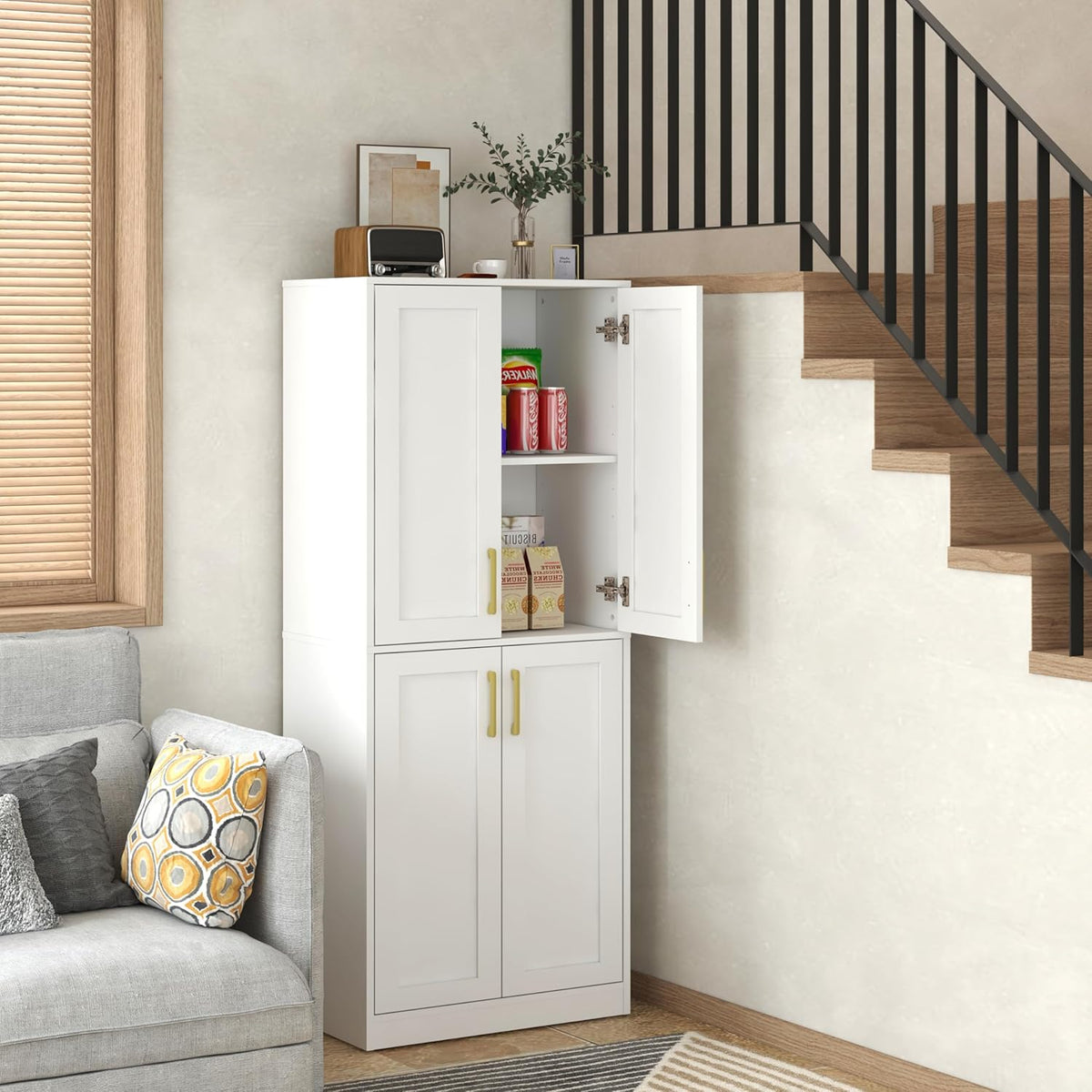 Storage Cabinet, Kitchen Pantry with Doors & Shelf, Tall Storage Cabinet for Bathroom, Living Room, Entryway,White