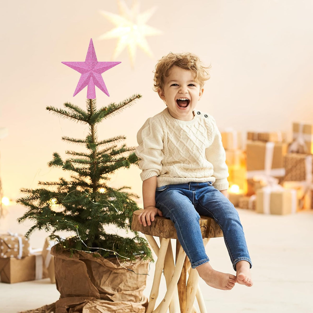1PCS Christmas Tree Star Topper, 4" 3D Pink Xmas Tree Topper Decorations, Glitter Shatterproof Mini Bethlehem Star Tree Decor, Waterproof Star Tree Topper for Christmas Holiday Indoor Ornament