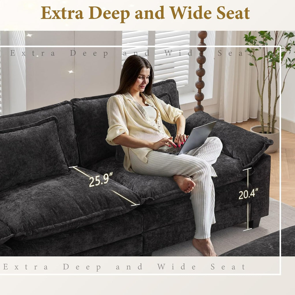 URRED Modular Sectional Sofa Comfy Cloud Couch, Modern Chenille Sofa Sleeper Deep Seat Couches with Ottoman/Pillows for Living Room (Black, 154'' - U Shape)