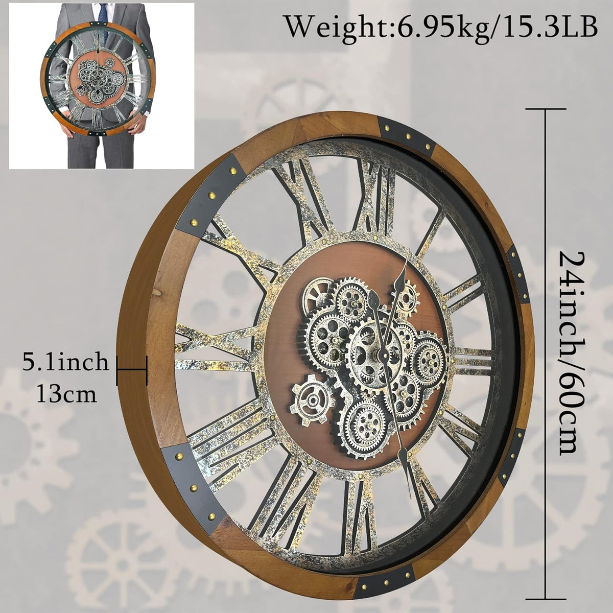 24 Inch Moving Gear Wall Clock, Oversized Wall Clocks, Clock Living Room Decor, Solid Wood Frame, Battery Operated, Large Wall Clock with Steampunk Industrial for Fireplace(Machilus)