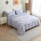 ABREEZE Floral Duvet Cover Queen Size Set Bird Flowers Bedding Set 100% Brushed Cotton Bedding Collection 1 Duvet Cover with 2 Pillowcases Grey
