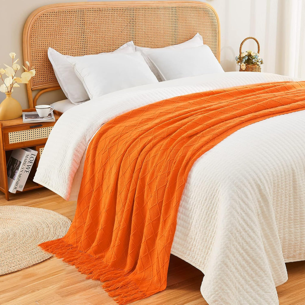 inhand Fall Throw Blanket Burnt Orange for Couch, Soft Living Room Home Decor Knitted Twin Size Blanket, Outdoor Lightweight Breathable Summer Blanket, Farmhouse Warm Woven Decorative, 60"x80"