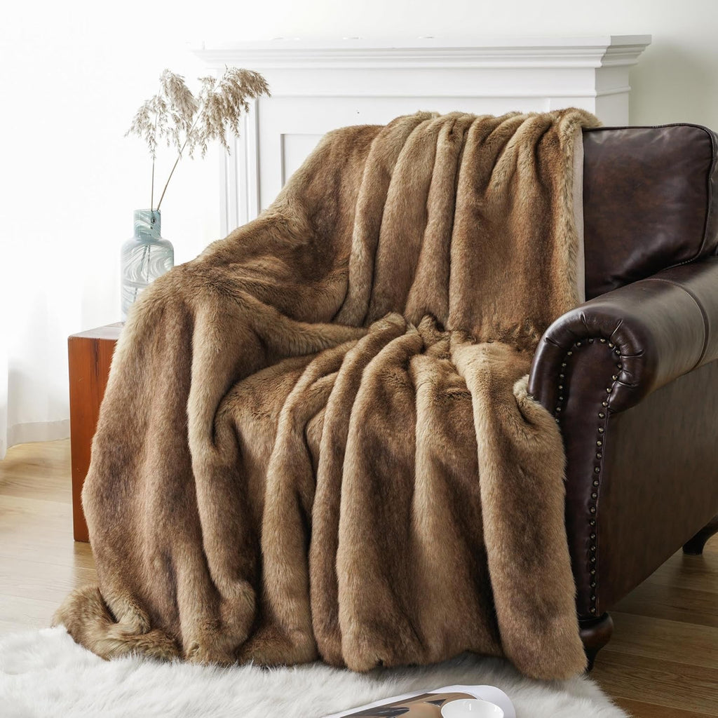 BATTILO HOME Luxury Camel Faux Fur Throw Blanket, Soft Cozy Warm Mink Fur Blanket for Bed, Home Decor, Large Striped Fur Blankets and Throws Faux, 60"x80"