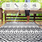 Waterproof Outdoor Rug 8x10ft, Bohemia Reversible Plastic Straw Mat for Patio RV Deck Porch Backyard Balcony Camping Picnic Beach Indoor Outdoor Carpet, Black&White