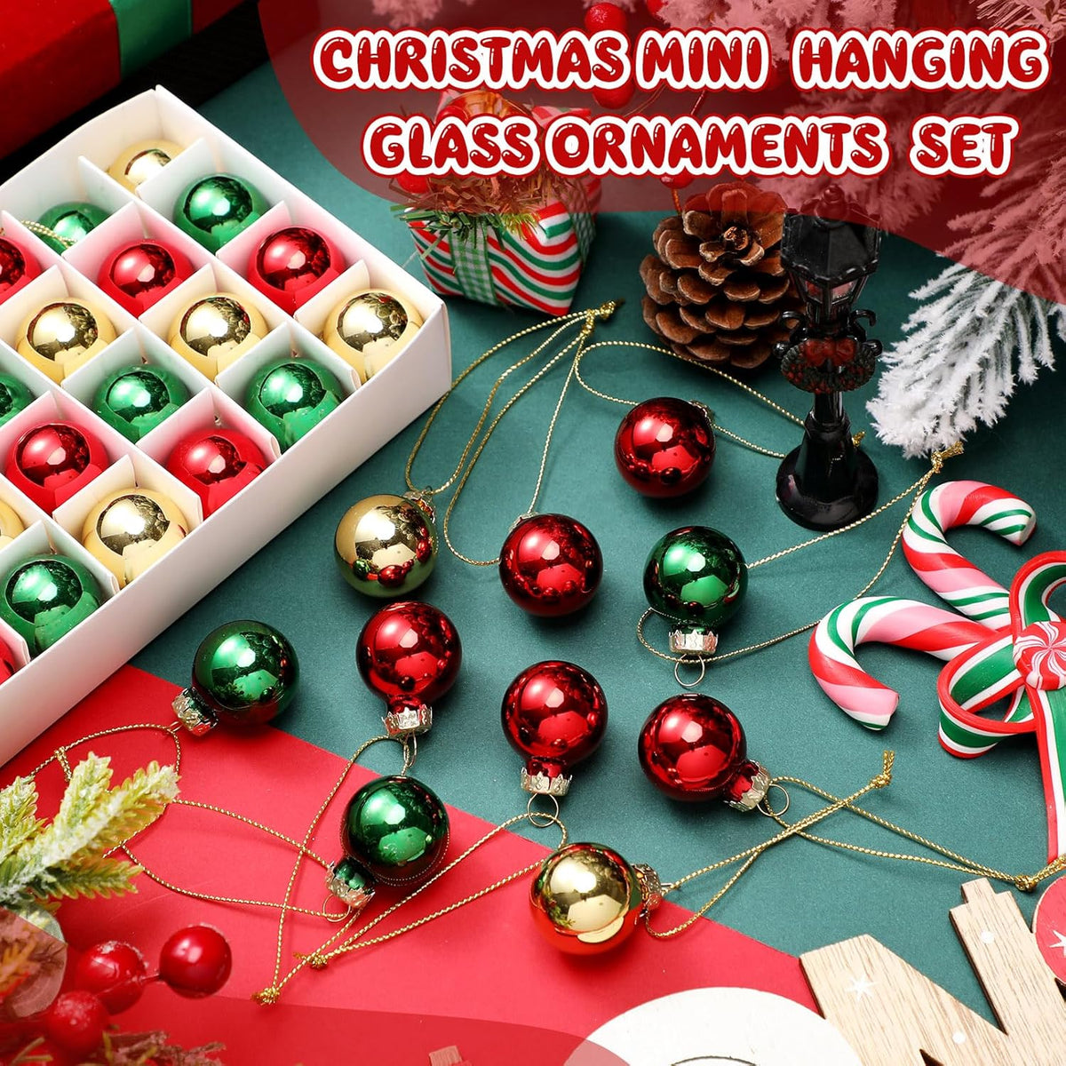 Tioncy 32 Pcs 1 Inch Mini Glass Christmas Ornaments Balls Shiny Christmas Balls Tiny Tree Hanging Decoration Small Colorful Ball Pendant for Xmas Party Supplies(Red, Green, Gold)